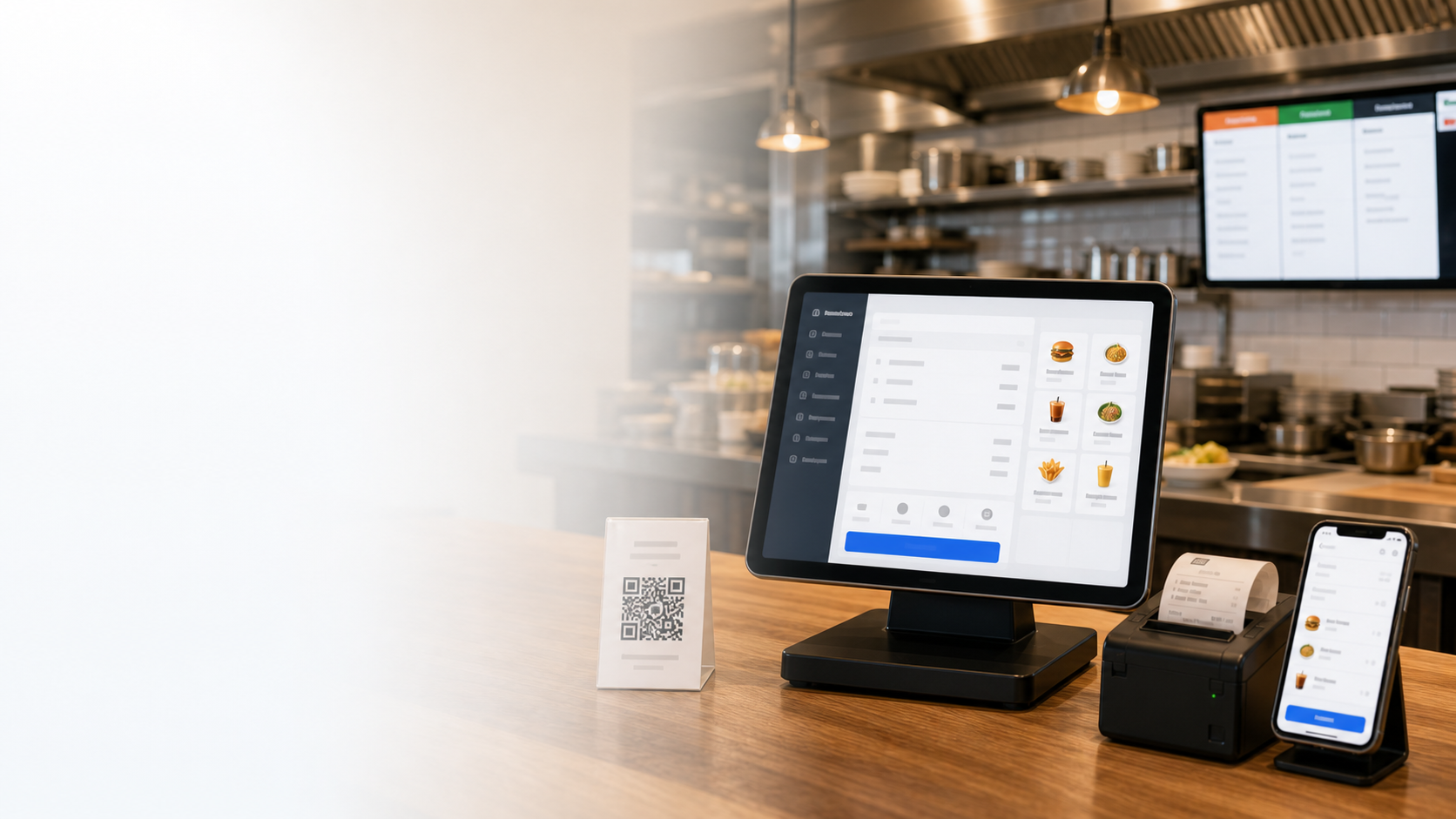 Restaurant POS screen, kitchen display, cloud printer, QR ordering card and mobile ordering phone